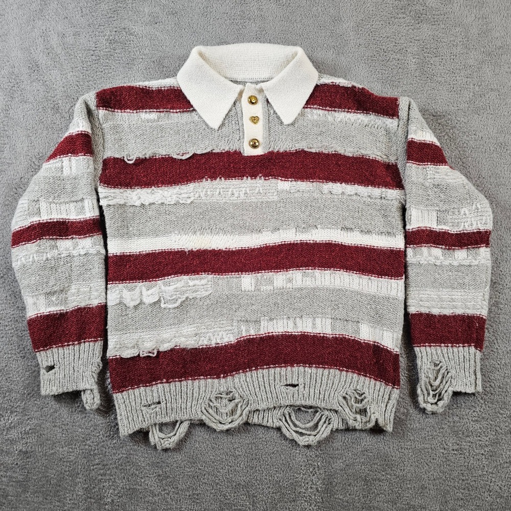 Rocawear Distressed Striped Polo Sweater Grey Burgundy Knit Heart Button Small